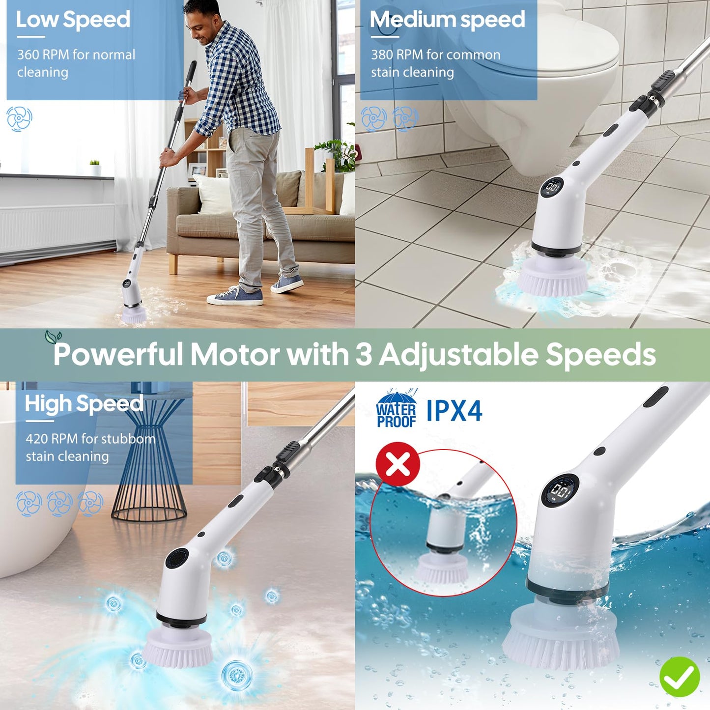Electric cleaning brush, 9 IN 1 Spin Scrubber Cordless with 8 drill brushes heads, Acemall 152cm Adjustable Handle, 3 speeds for bathroom, bathtub, kitchen, floor, grooves.