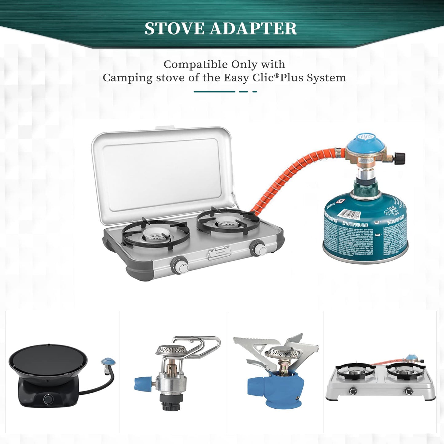 Jeebel Camp gas cooker adapter for Easy Clic® Plus system. Converts CV bayonet connection to Type MSF-1a connection or Lindal valve connection (Lindal valve connection).