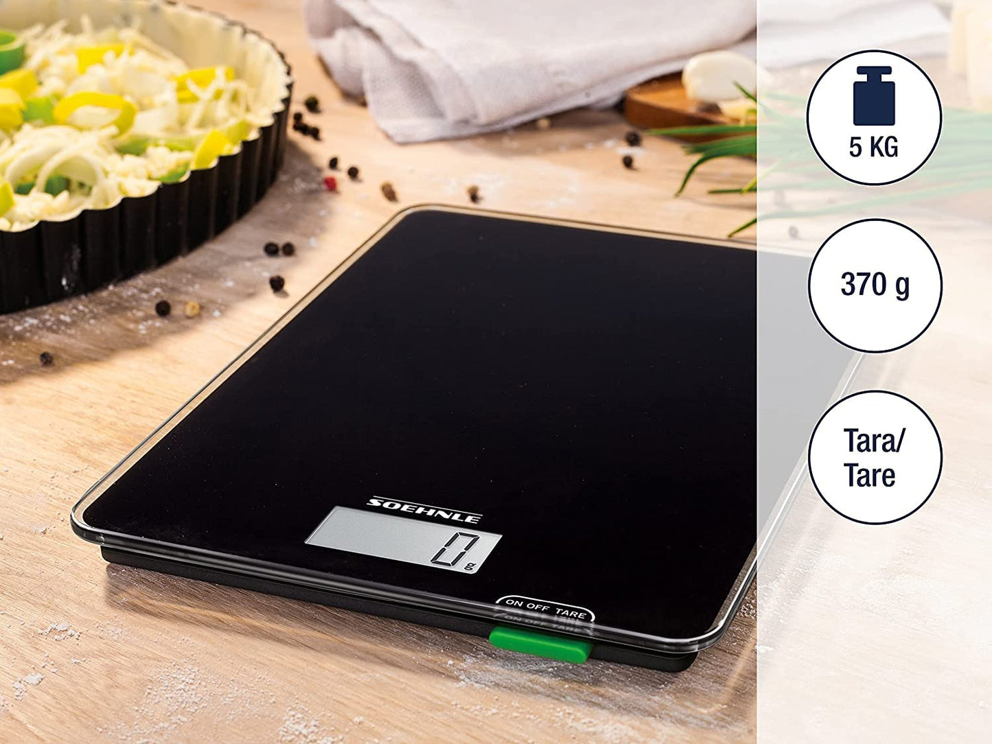 Soehnle Page Compact 100, digital kitchen scale, weight up to 5 kg (accurate to 1 g), household scale with convenient tare function, electronic scale including batteries, compact size, black.