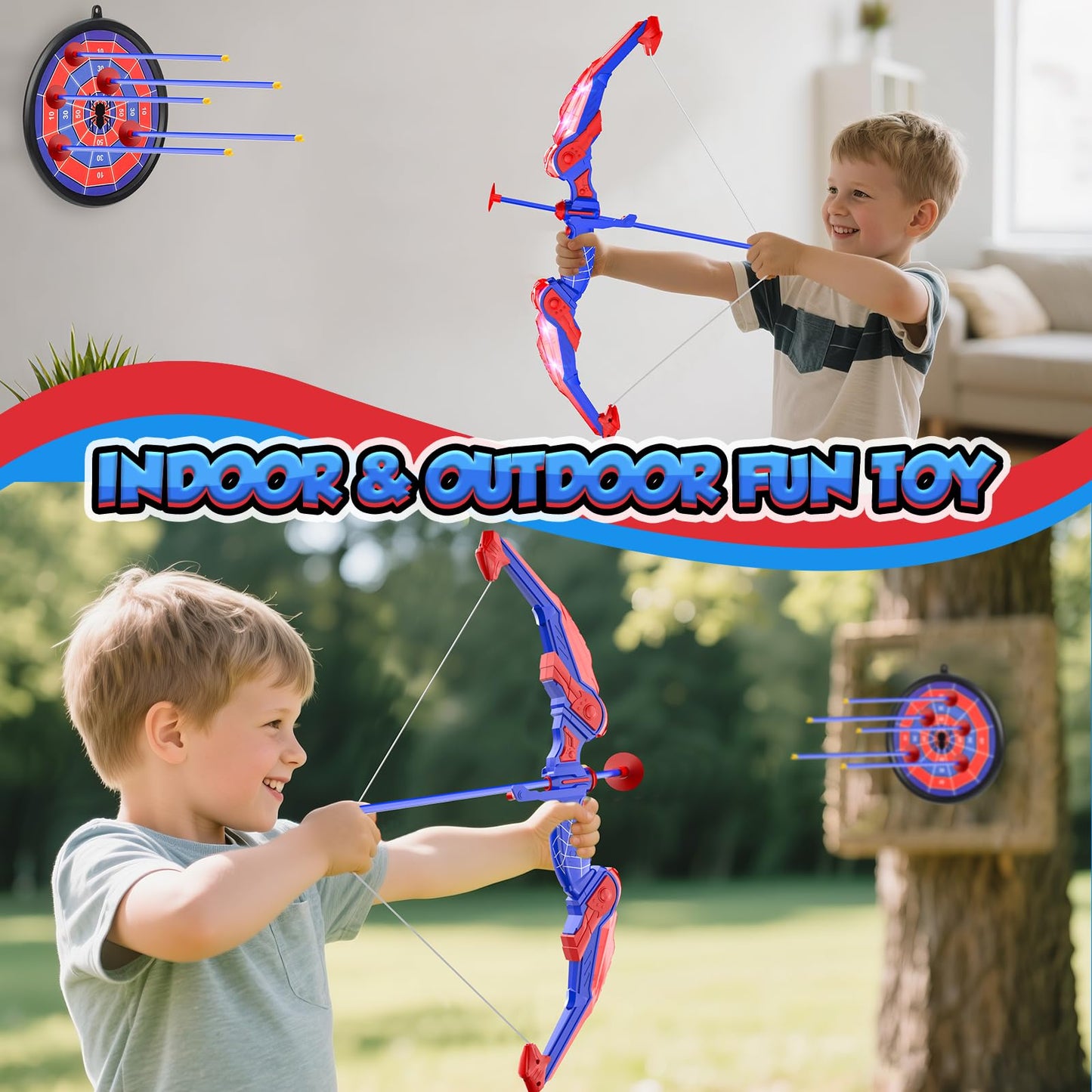 Lubolee LED lighted bow and arrow kids set, outdoor toy for boys aged 3-12, includes bow, quiver, 10 arrows, hanging target, and 3 foam targets.