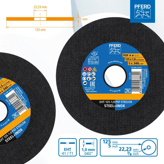 Horse cutting discs in handy metal tin, 10 pieces, 125 x 1.0 x 22.23 mm, straight, PSF STEELOX (22.23 mm), 69121091- for steel and stainless steel (INOX) with high cutting performance and good service life.