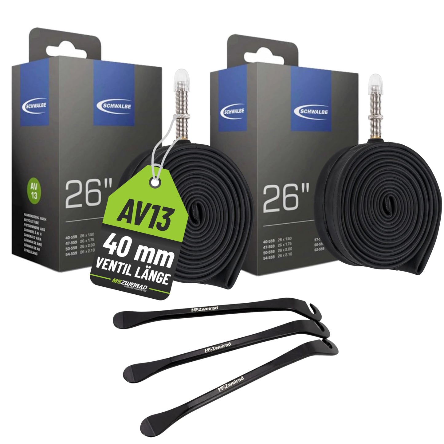 2 pack Schwalbe bicycle tube AV13 40mm 26 inch (40/62-559) including 3 MSZweirad tire levers