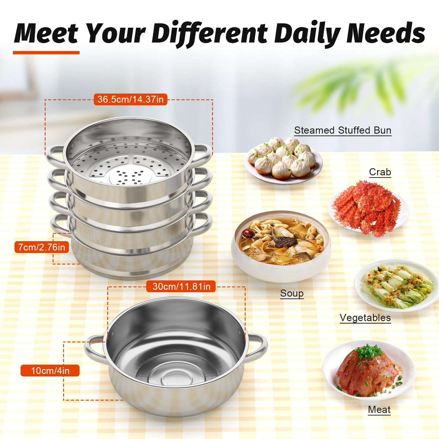 Steamer steam cooker, 5-tier stackable stainless steel steamer pot with glass lid, diameter 26/28/30cm (30cm)