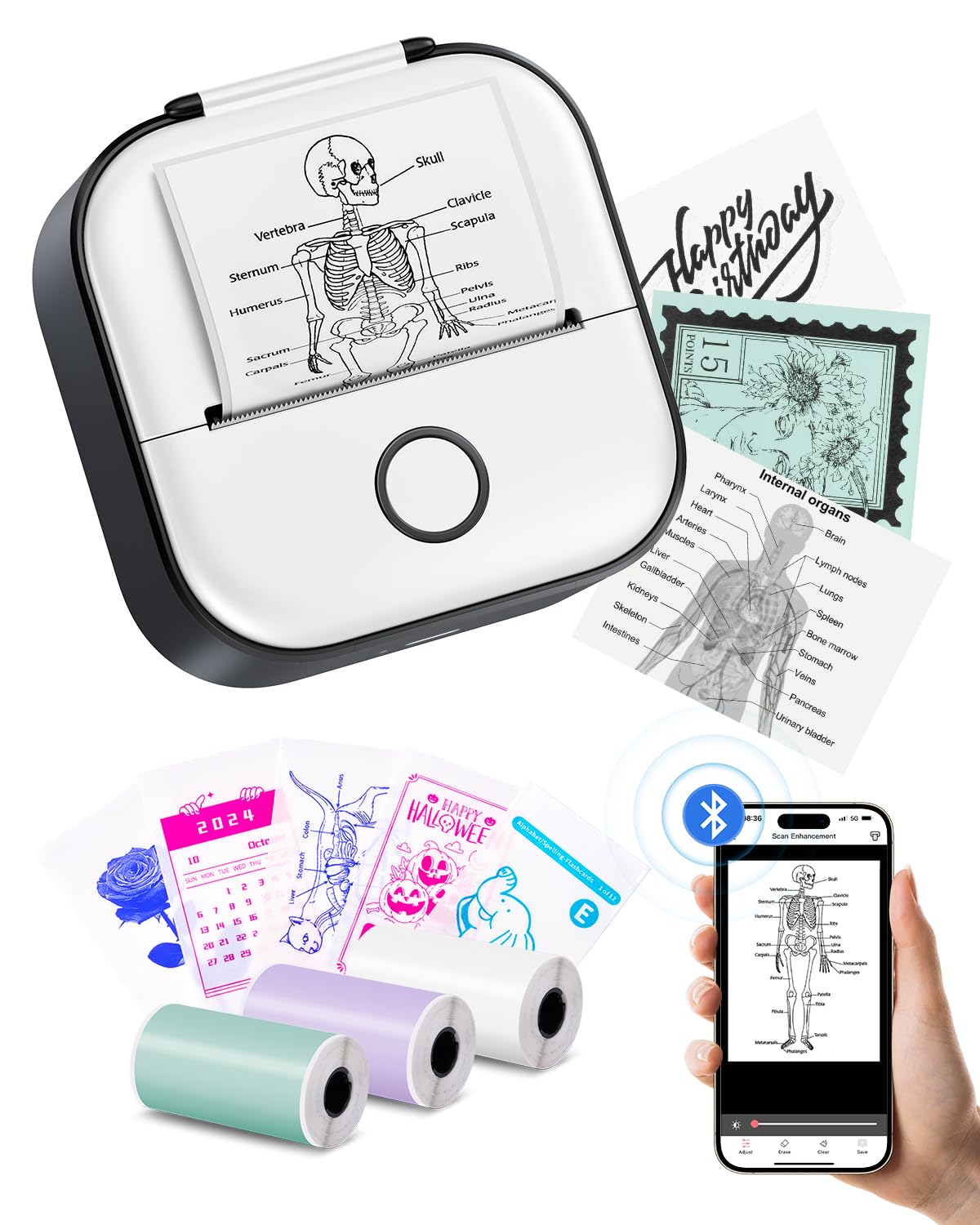 Mini printer for smartphone - sticker printer T02 Portable mini printer Inkless print pods Bluetooth pocket printer Phone printer for study graphics, anatomical diagrams, photos, journal