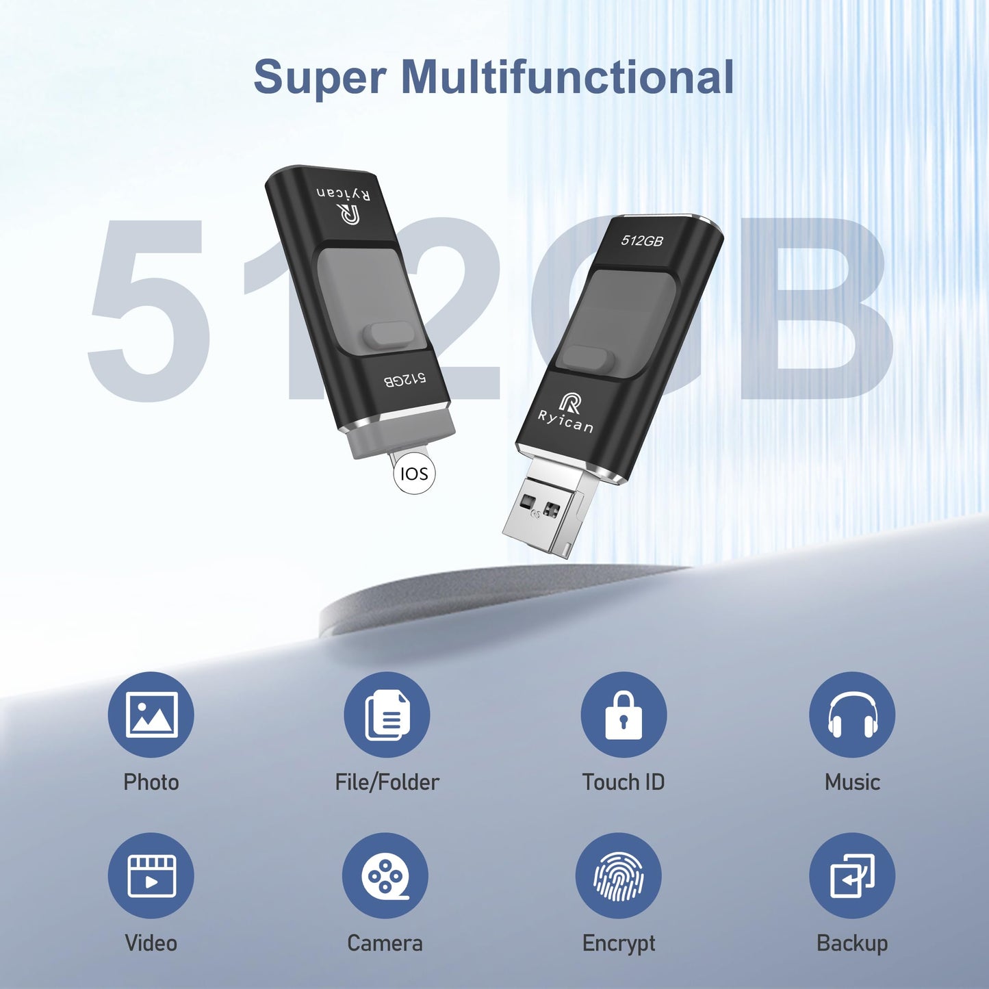 USB Stick for Phone Ryican 512GB storage stick for iOS Password-protected files 4 in 1 USB 3.0 Photostick Pendrive USB C for OTG Android/Laptop/PC/Pad, Data Transfer with one click (512G, Black)
