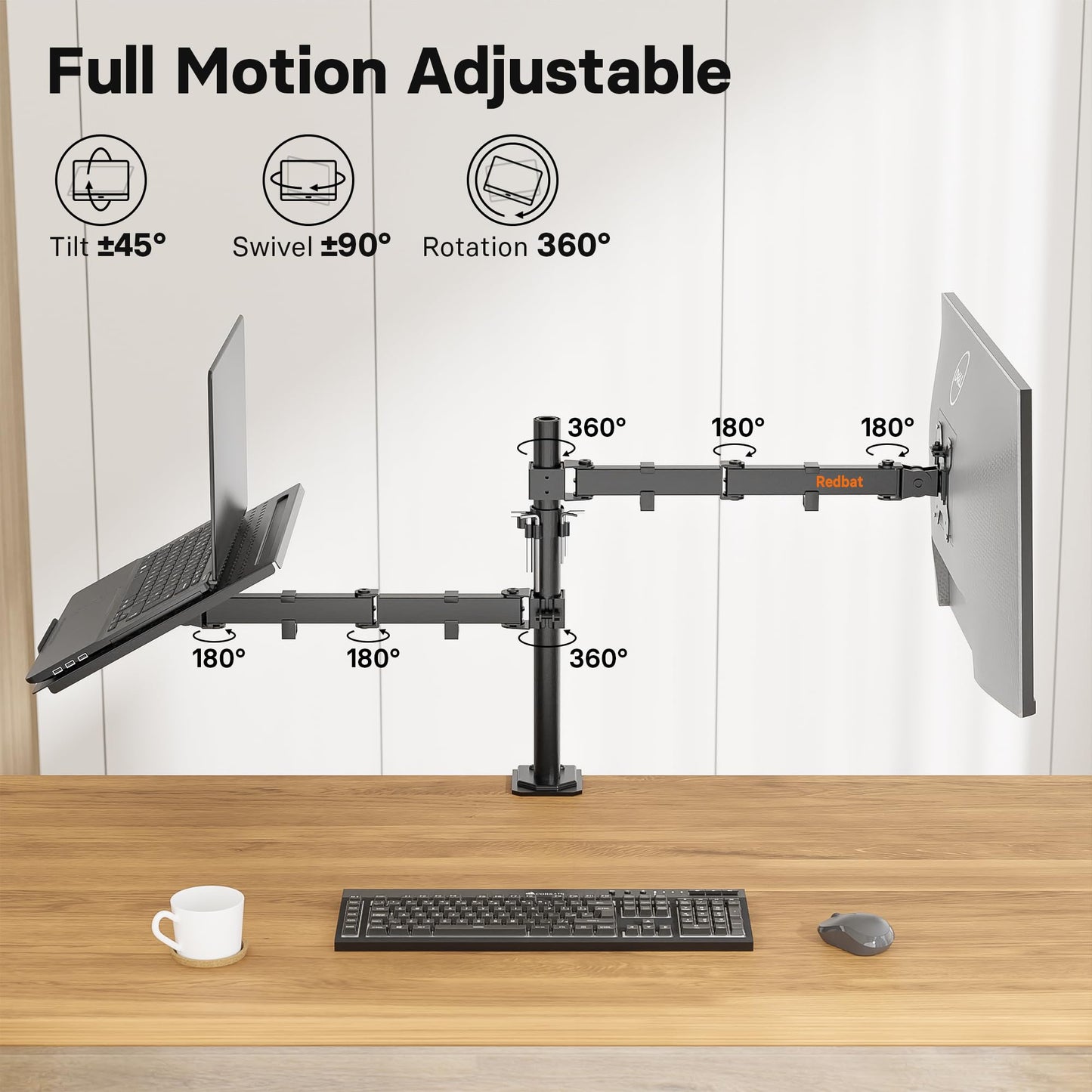 Redbat Monitor Arm with Laptop Tray, Dual Screens, Fully Adjustable for 13 to 32 inch LCD LED Monitor up to 8kg & Notebook up to 16 inch, Tilt, Swivel & Rotate, 2 Mounting Options