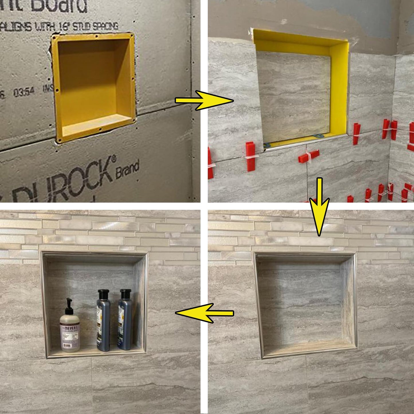UNI-DRAIN Wall Niche Shower Tileable, Shower Niche for Drywall or Masonry, ABS Plastic Prefabricated Wall Niche for Bathroom Toiletry Storage (35x30x10cm, Yellow)