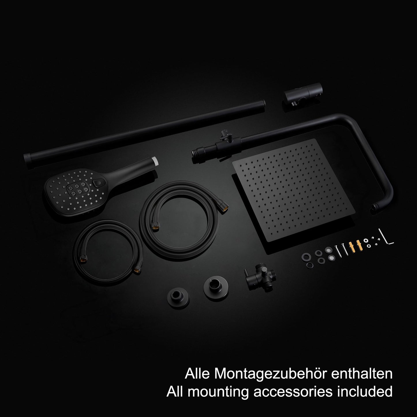 JOHO Rain Shower Shower System without Fittings, Stainless Steel Shower Set with 20x20cm Black Shower Head
