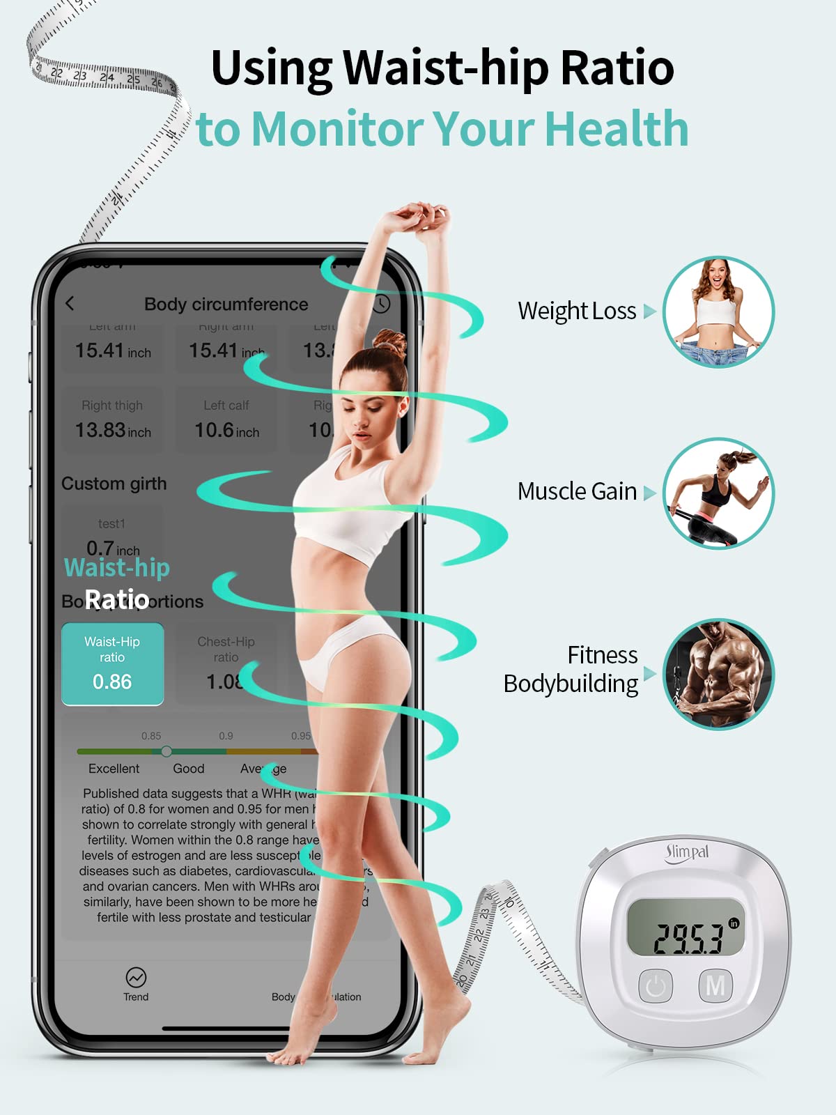 Simpal Smart Body Tape Measure, Bluetooth Body Fat Measure Tape, measure body dimensions of biceps, chest, waist, calves, thighs, and neck, fitness tape measure