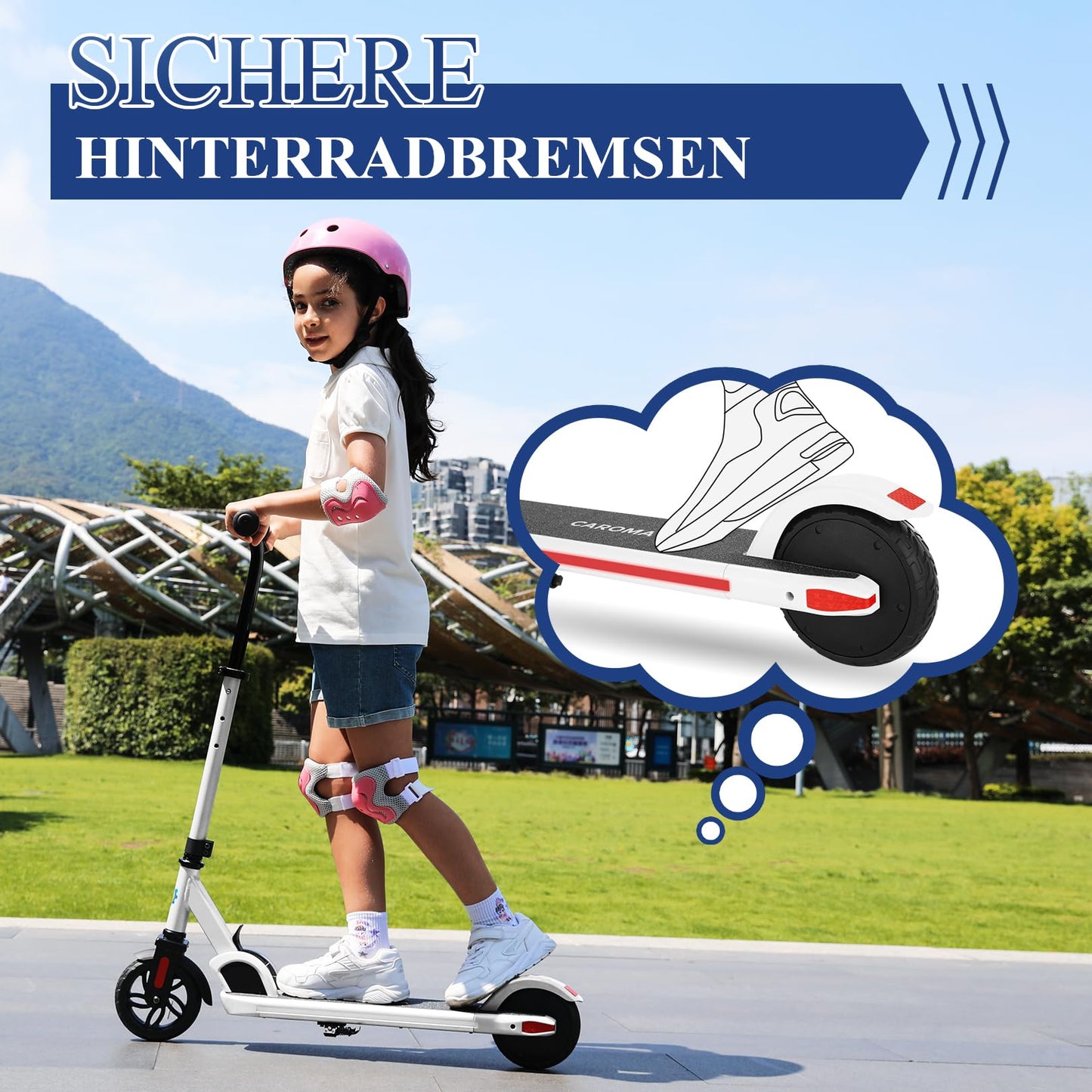 Caroma electric scooter for kids aged 8-12, 150W motor, 16 km/h, 60 min ride time, Adjustable speed & height, Colorful lights, LED display, Foldable kids electric scooter.