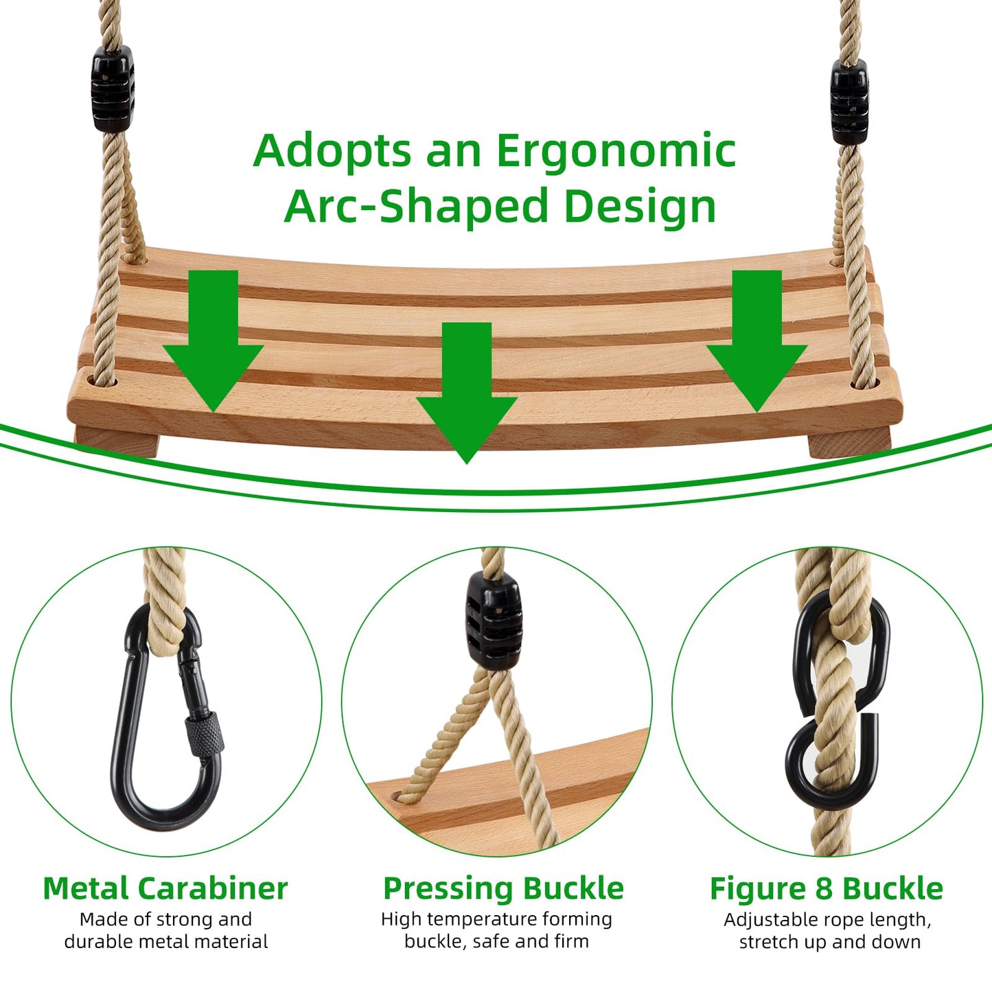 An exercise wooden swing seat for adults and children, with adjustable rope up to 100kg, suitable for indoor and outdoor use.