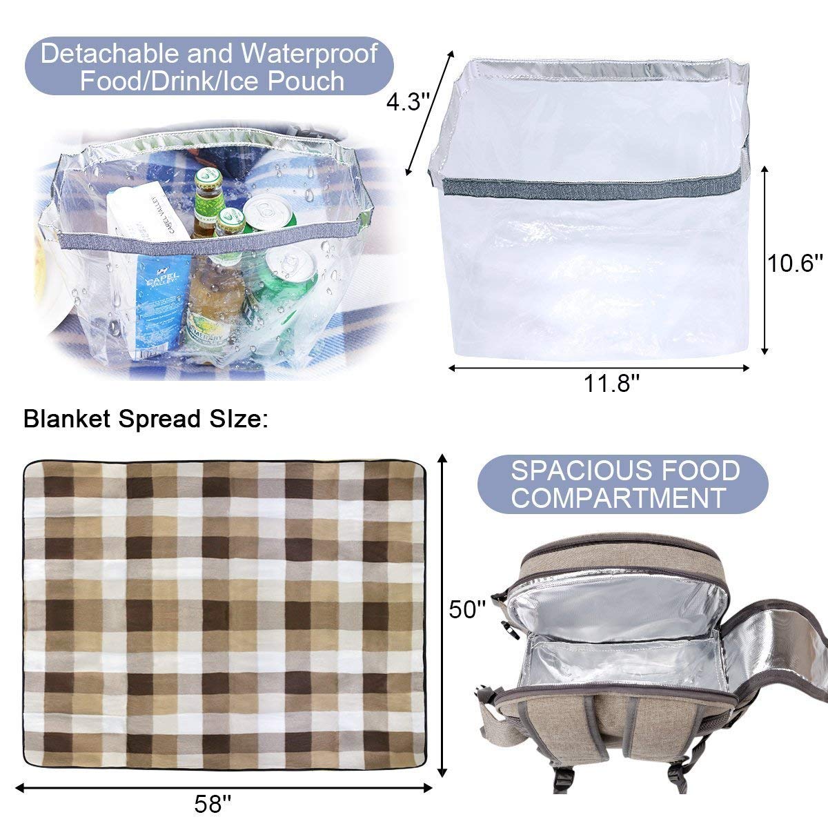 Sunflora picnic backpack set for 4 persons with insulated cooler and blanket, picnic basket for 4 persons for camping outdoor (beige)