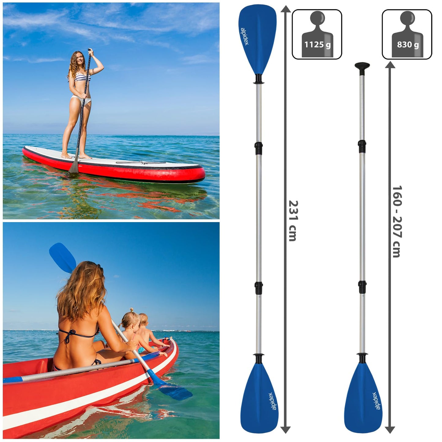 ALPIDEX 2 in 1 Paddle SUP Kayak Adjustable Lightweight Double Paddle Telescopic Paddle 160-207cm Aluminum Stand Up Paddle Board Kayaking, Color: light blue