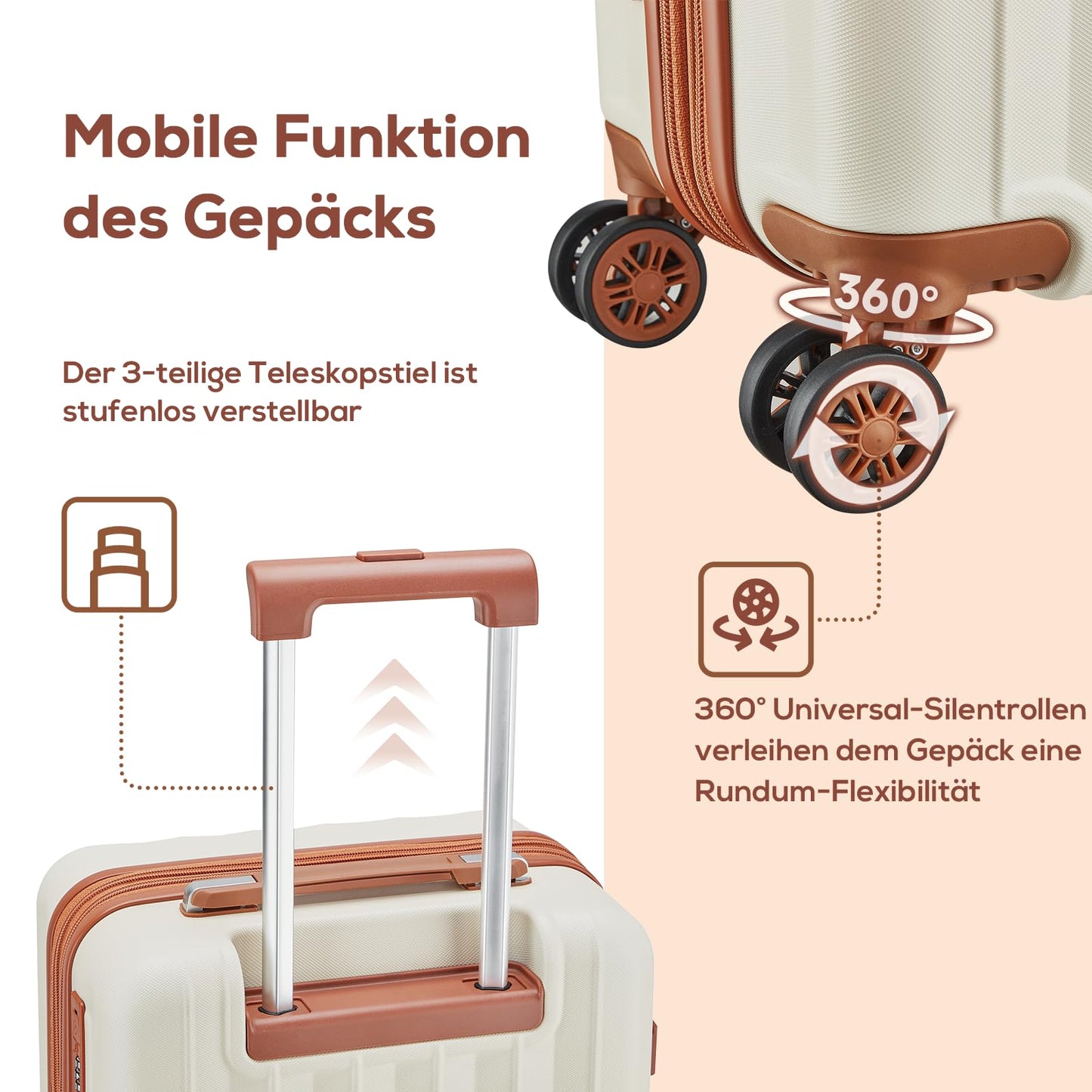 Joyway trolley suitcase, hard shell carry-on with drink holder, 4 wheels, TSA lock, white brown.