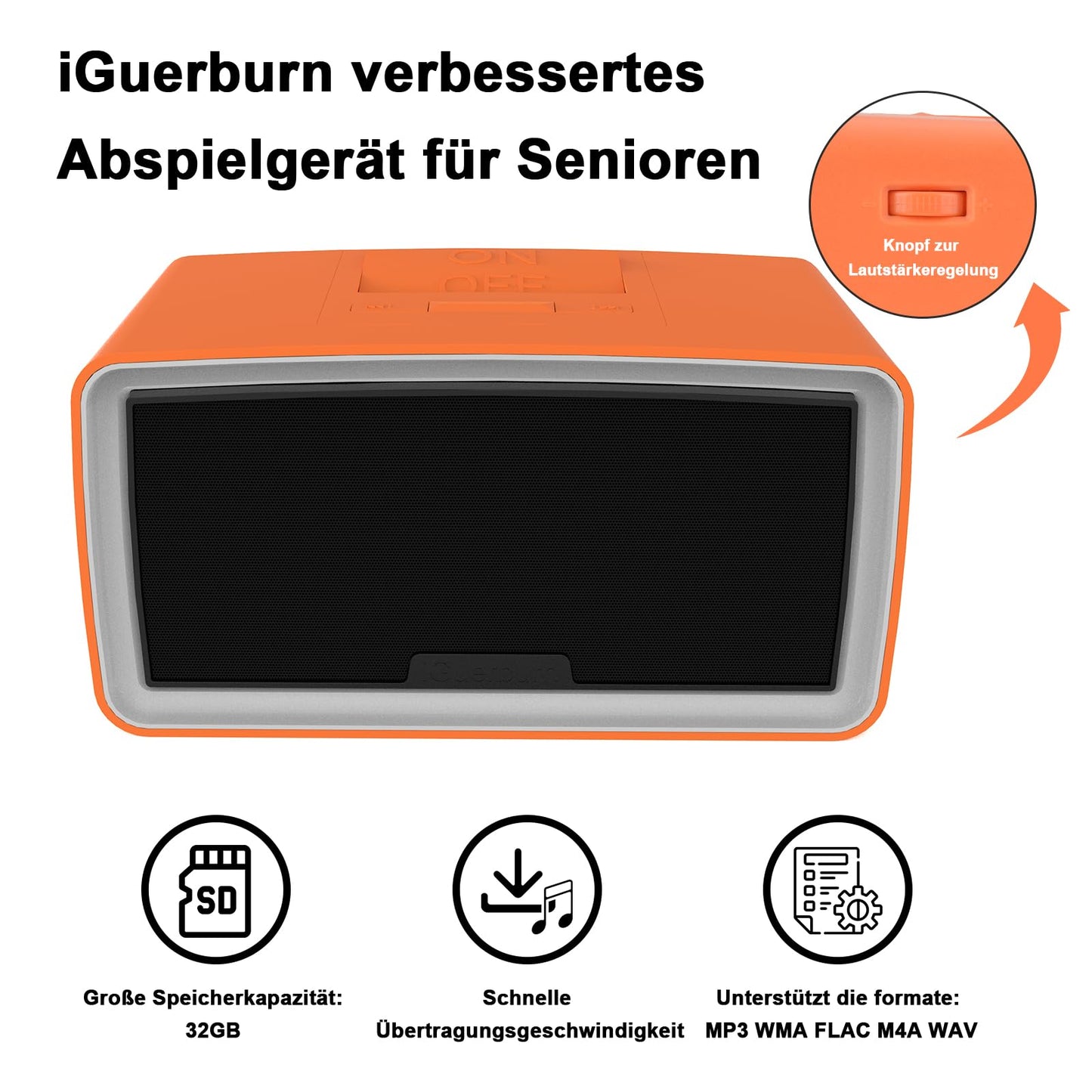 (New) iGuerburn 32GB Mp3 Player for Seniors, Easy Music Player for Elderly with Dementia, Easy-to-Use Music Box Dementia Alzheimer Products Gifts - Orange