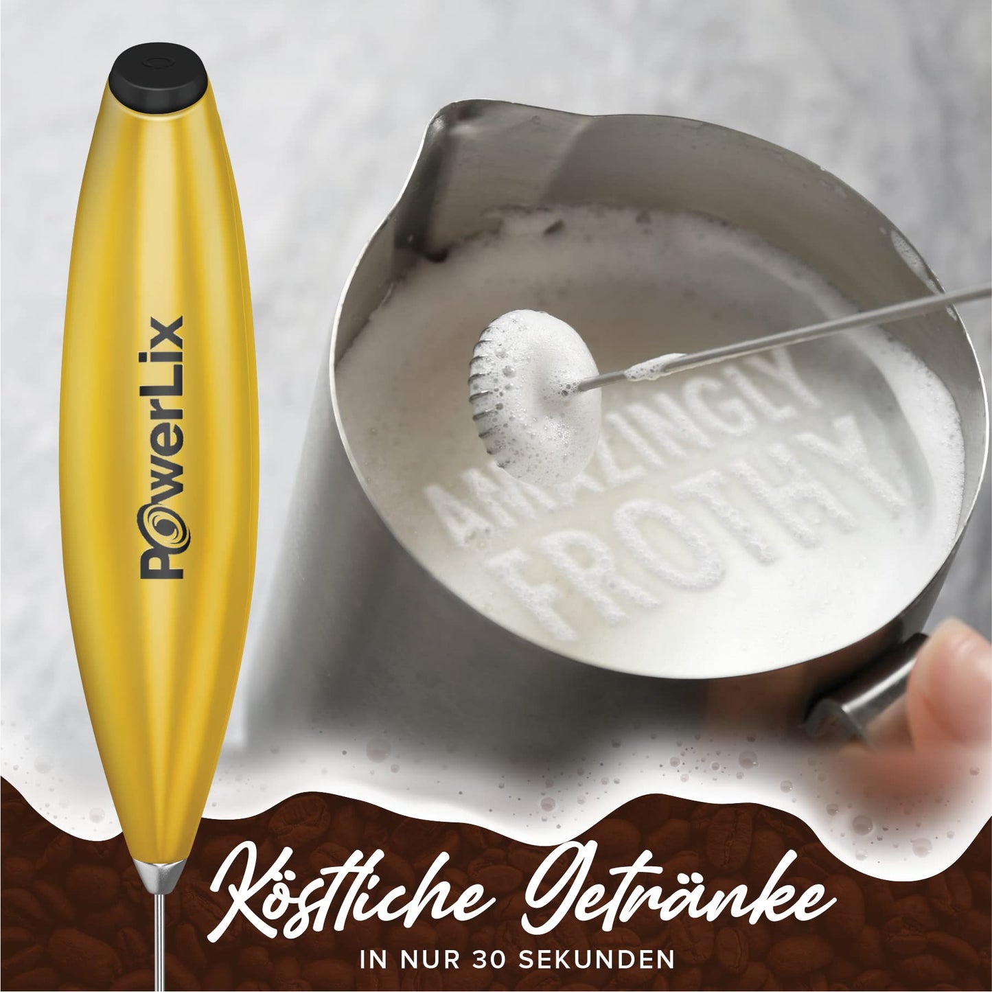 PowerLix Milk Frother Wand, Electric Milk Frother - with Stainless Steel Stand 15-20s, 19000 RPM, Battery Operated Milk Frother for Coffee, Latte, Cappuccino, Hot & Cold Chocolate