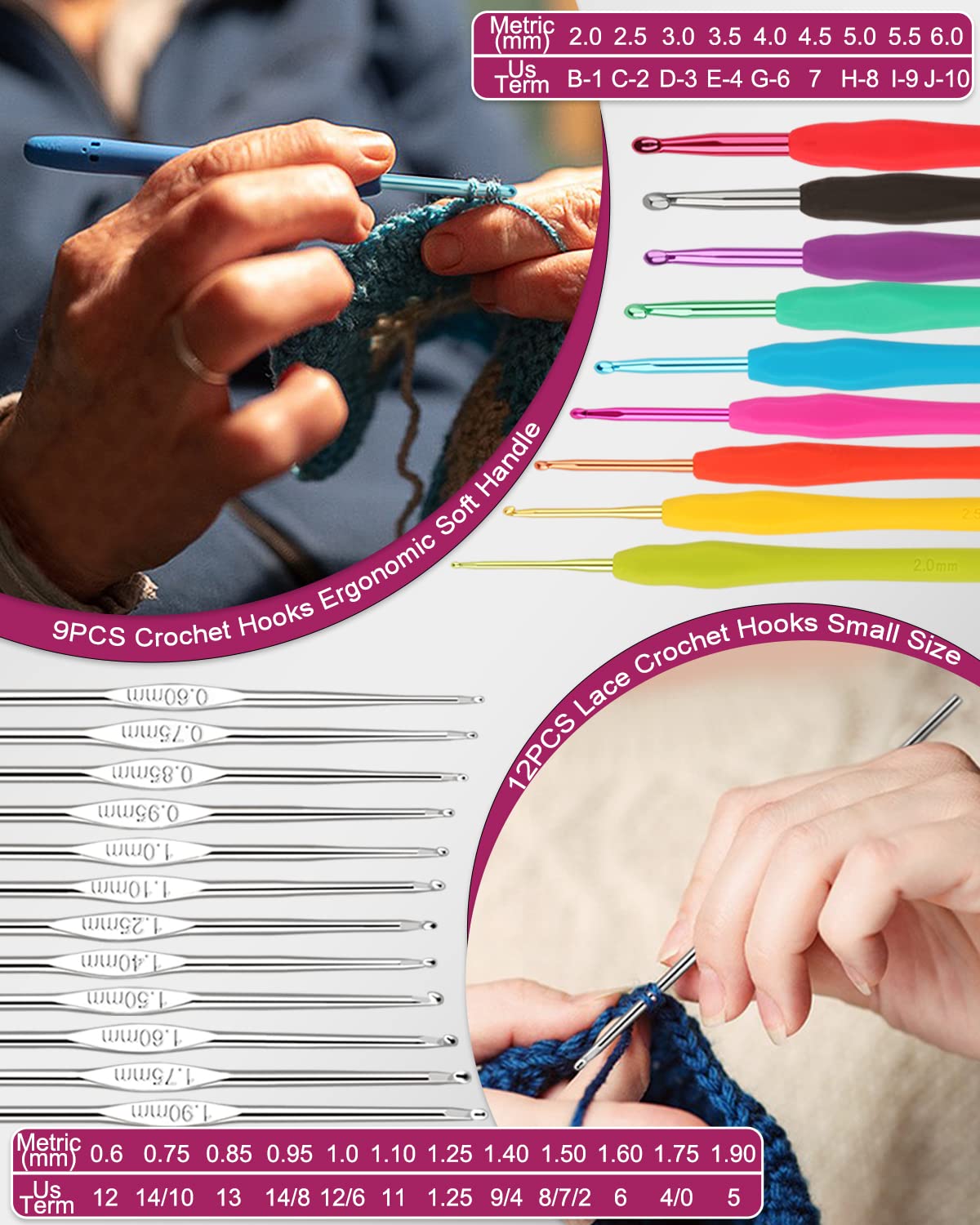 Coopay crochet set for beginners, 71 pieces crochet hook set with bag and yarn, premium crochet set with knitting accessories and yarn, 0.6-6.0mm crochet hook set, complete crochet for beginners gifts, silver