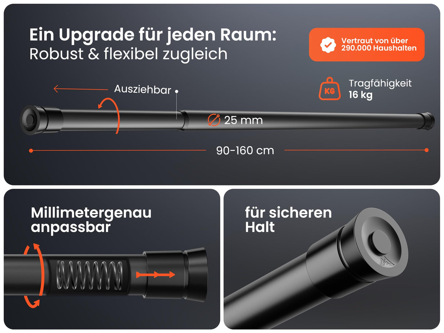 MEISENBERG clamp-on curtain rod 90-160cm - no drilling shower rod - curtain rod - black - telescopic rod - 1 piece