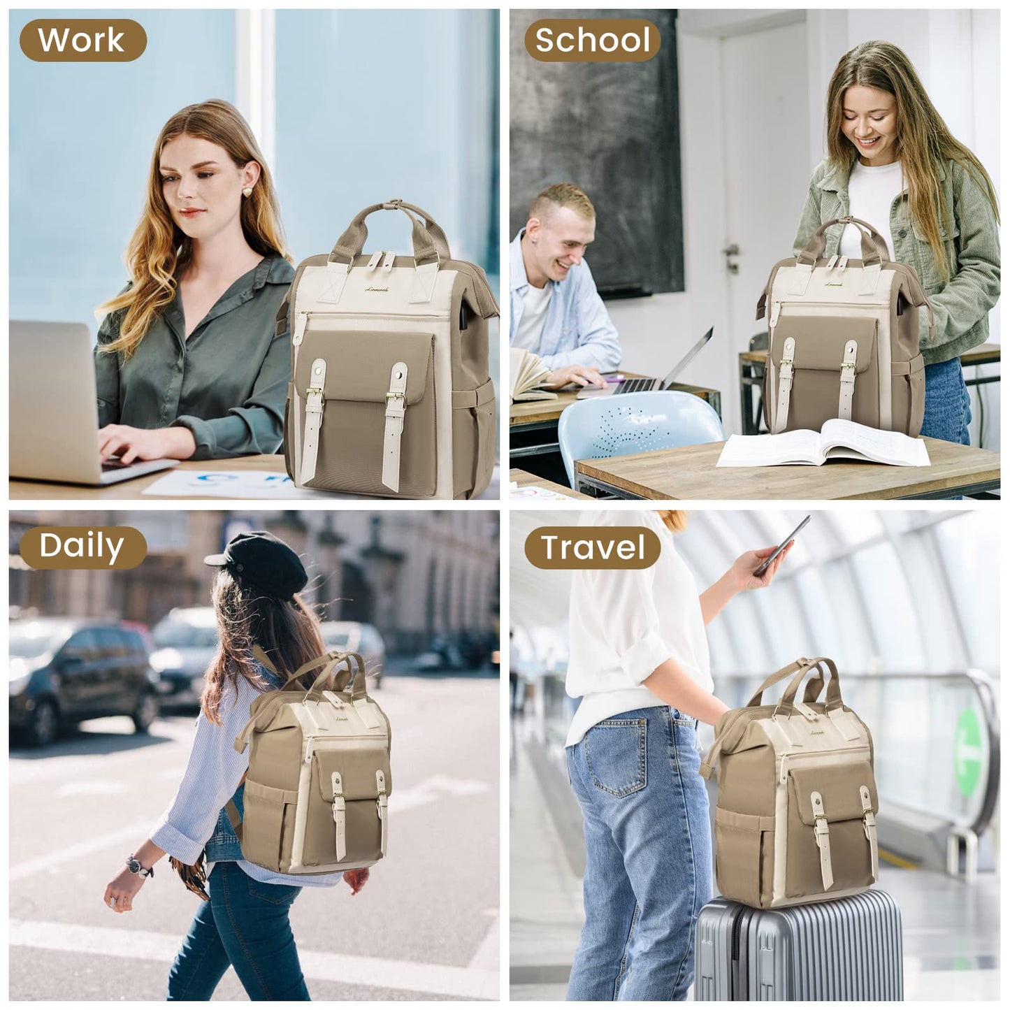 LOVEVOOK backpack for women, large laptop school backpack for girls teenagers 17 inches with data cable bag, waterproof travel backpack school bag backpack elegant for university work business travel beige