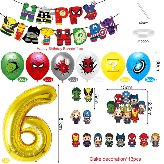Superhero birthday decor for 6 years, children's birthday decor, heroes balloon birthday decor for boys, birthday decor cake topper for themed party.