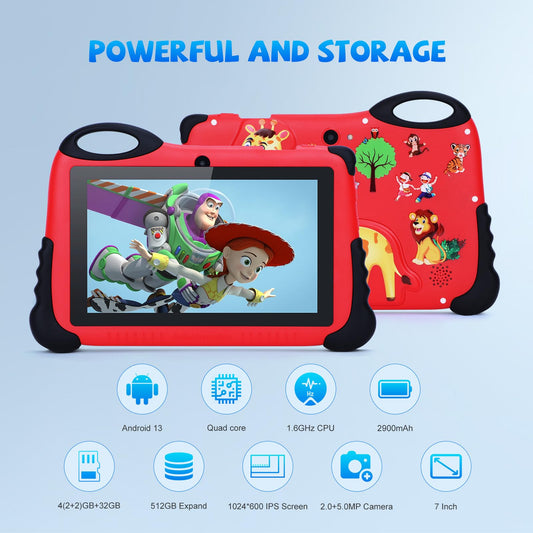 C idea Children's Tablet for ages 3 and up, Android 13 Kids Tablet for toddlers, 7-inch Kids Tablet with 4GB RAM 32GB ROM (512GB TF) HD IPS Safety Eye Protection as a gift for boys and girls (Red)