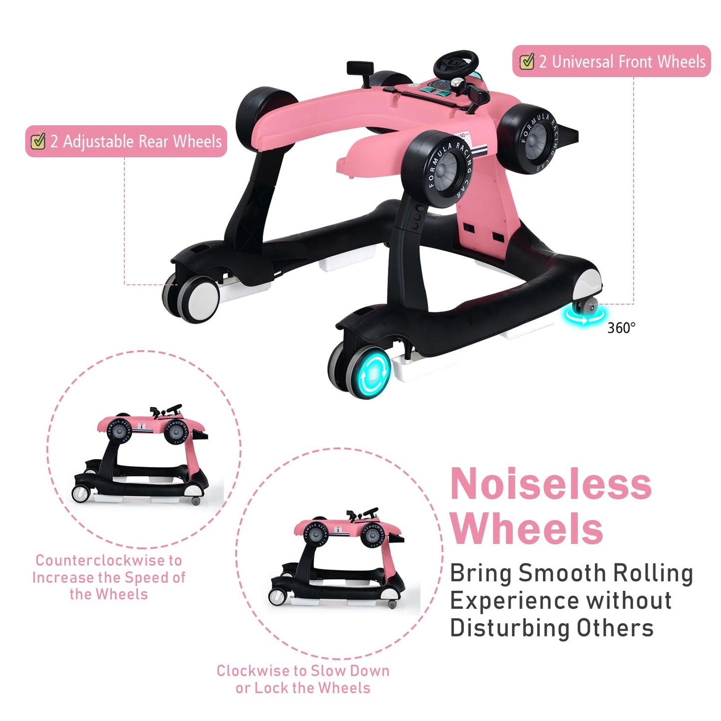 LIFEZEAL 4-in-1 baby walker, height-adjustable & foldable, suitable for babies from 6 months, with adjustable speed, light & music features (pink).