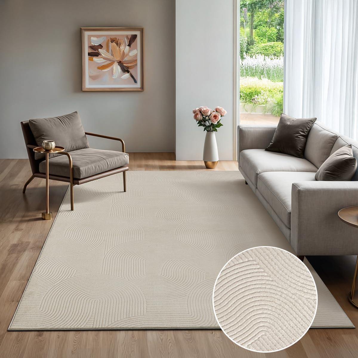 the Rio carpet - modern and soft rug for living room or bedroom with non-slip backing and 3D effect. Fluffy surface, easy to care for and durable. Cream color, 200 x 280 cm.