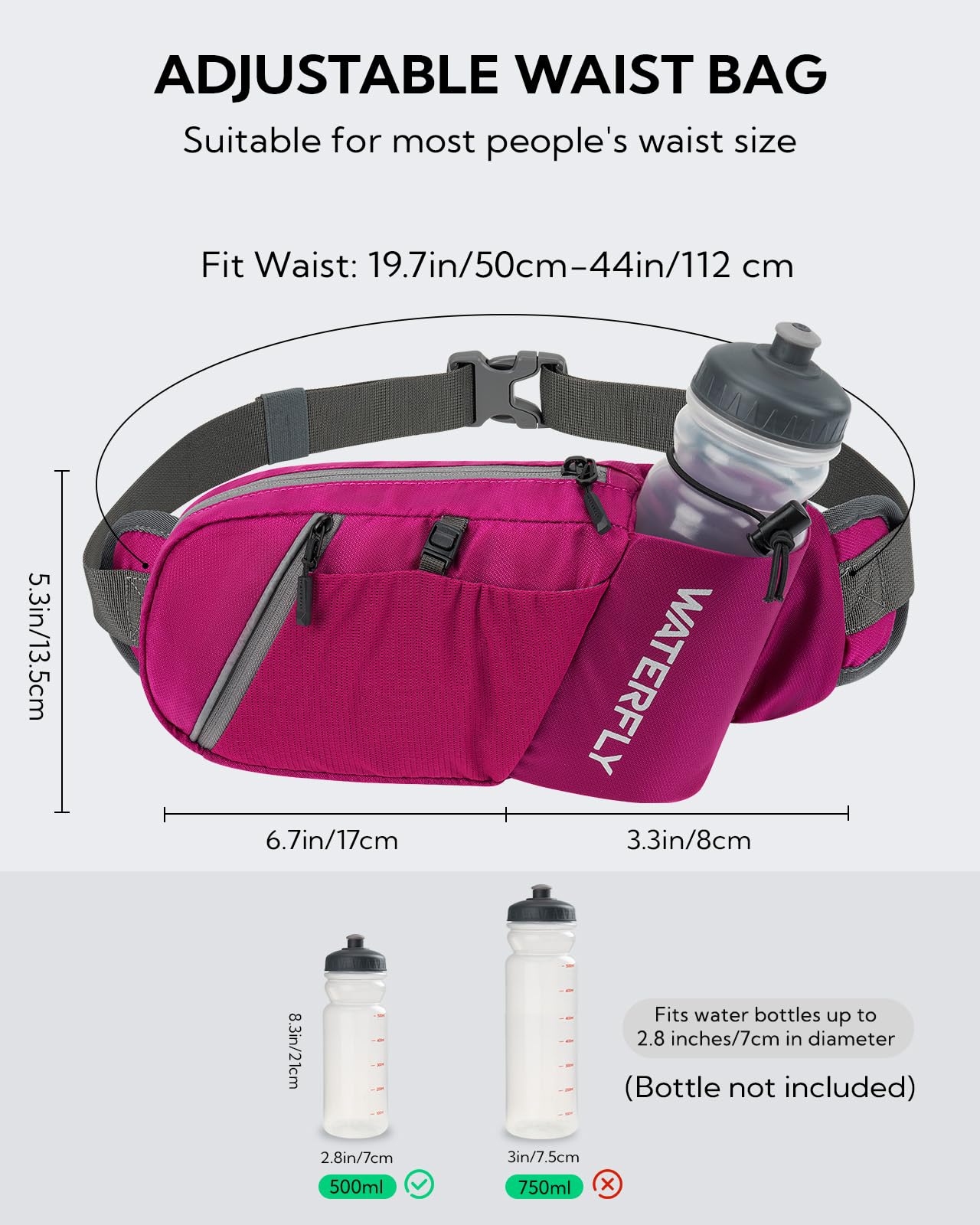 WATERFLY Waist Bag for Men and Women with Bottle Holder: Sporty Small Waist Pack Stylish Jogging Fanny Pack Walking Bumbag Dog Training Bum Belt MTB Hipbag Sport Hip Bag Travel Belly Bag