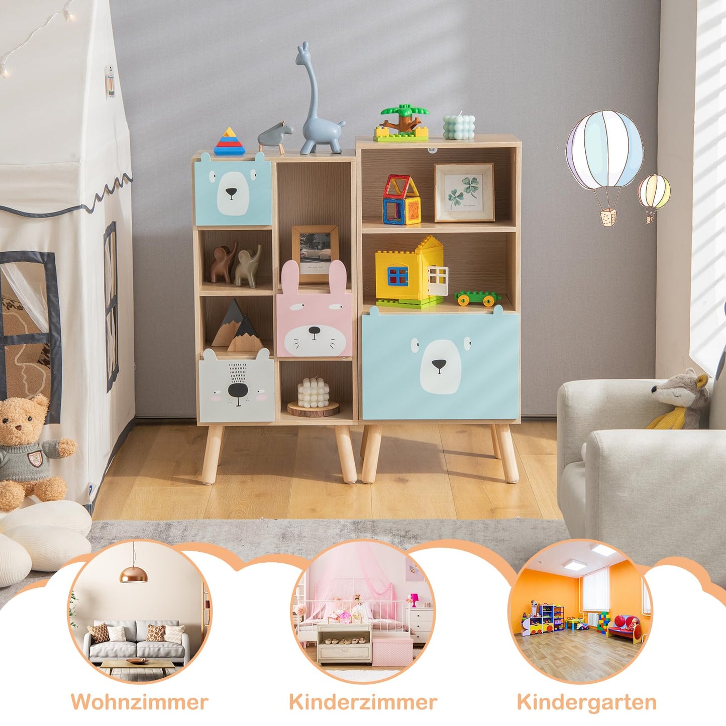 COSTWAY Children's Bookshelf with 3 levels, wooden kids shelf with drawer & 2 open compartments, toy storage shelf for children's room playroom, 40.5 x 29 x 85 cm (Model 1)
