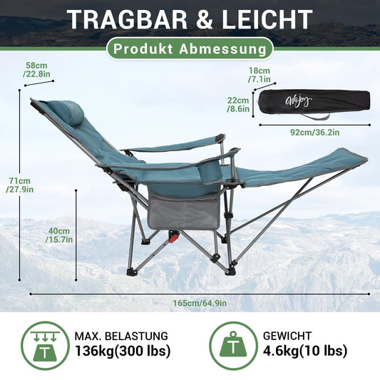 #WEJOY 2-in-1 camping chair with footrest, padded recliner with adjustable backrest, lounge chair with cup holder, perfect for outdoor camping in cyan color. Set includes 2 chairs.
