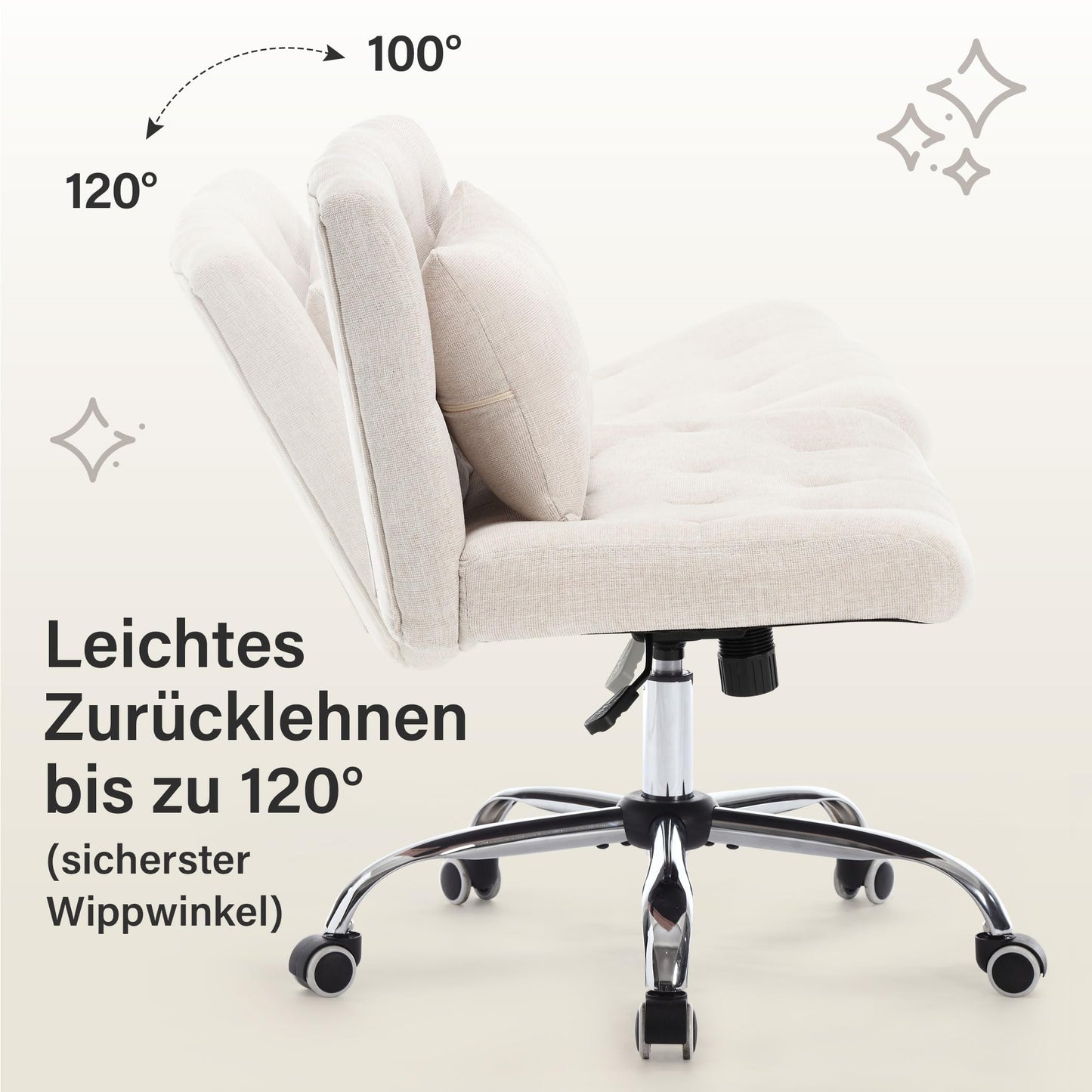 WOLMICS Cross-Legged Chair, Desk Chair with Lumbar Pillow, Criss Cross Chair for Girls, Armless Office Chair made of Linen, Makeup Chair 160KG Capacity, Swivel Chair for Bedroom