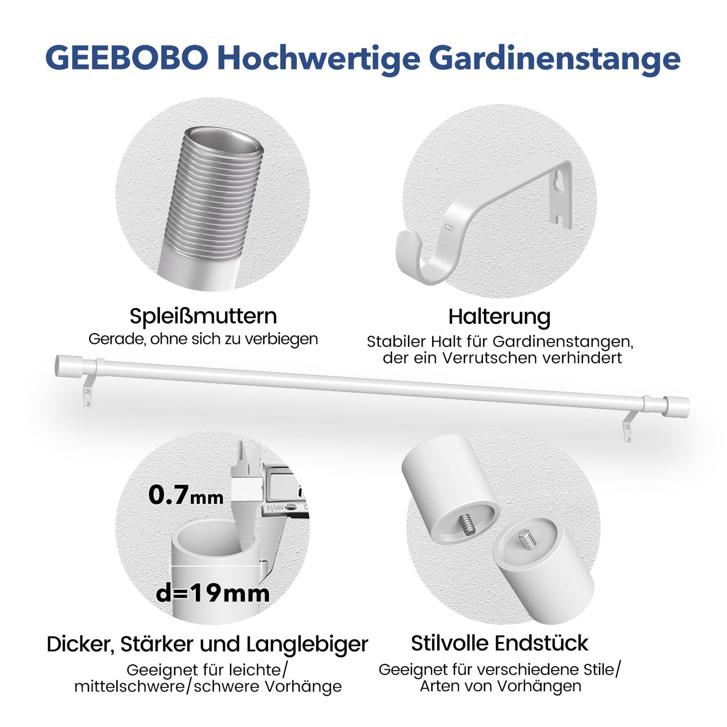 White curtain rod 76-152 cm adjustable curtain rod 19 mm diameter for bedroom, living room, or kitchen by GEEBOBO.