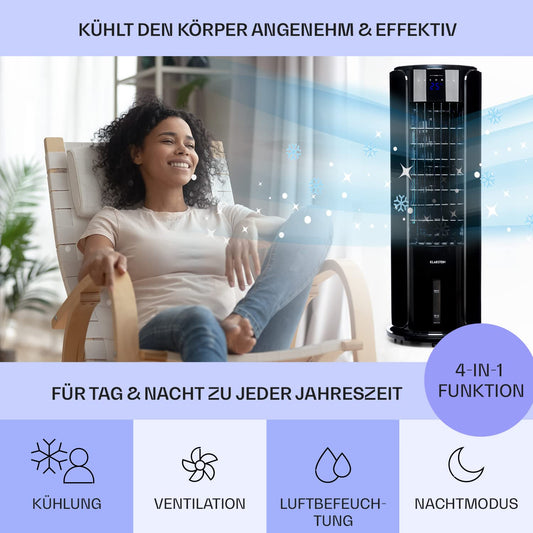 Klarstein air cooler with water cooling, 4-in-1 room cooler, humidifier, fan & night mode, portable air cooler with 3.5L tank & timer, 60W air cooler with 486 m³/h airflow.