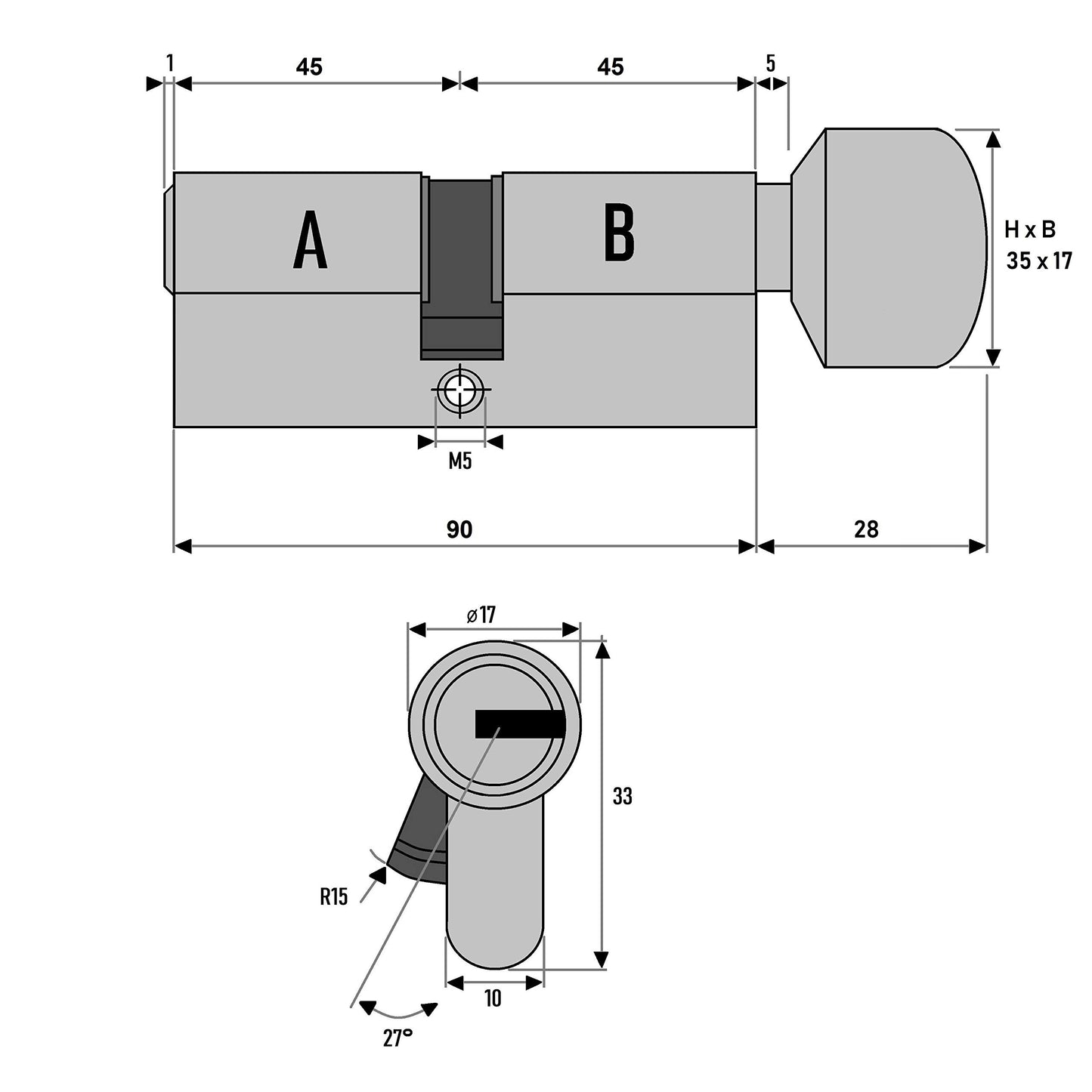 3x Euro Cylinder Lock 90 mm 45/45 keyed alike including 15 keys.