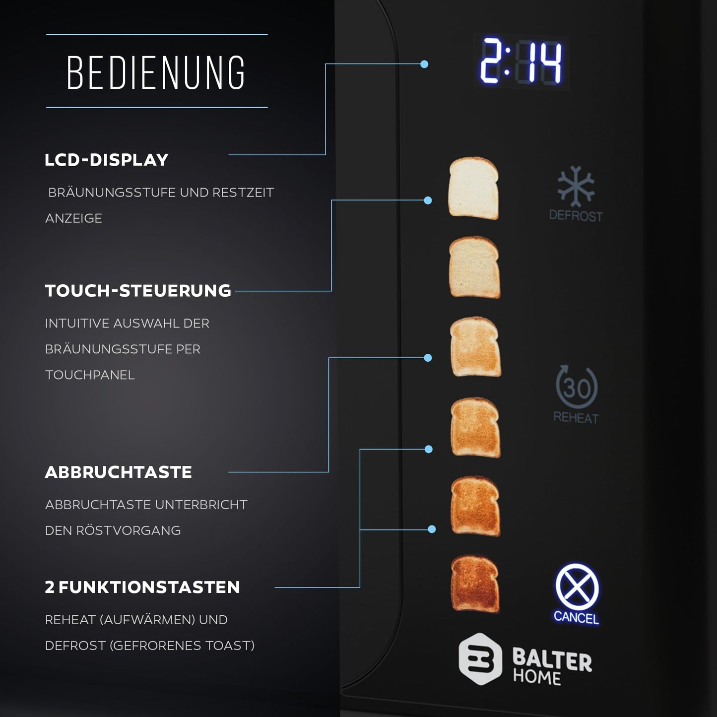 Balter 4-Slice Toaster, Touch Control, Long Slot, Stainless Steel, Bun Warmer, LCD Display, Defrost Function, Bread Centering, TS-44 Matte Black