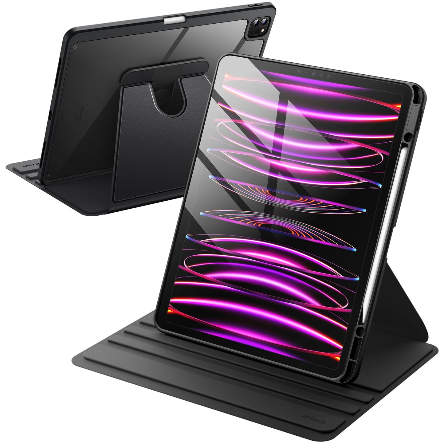 JETech Rotating Case for iPad Pro 12.9-inch (2022/2021/2020/2018) with Pencil Holder, 360 Degree Rotating Protective Cover Stand Transparent Back, Auto Wake/Sleep (Black)