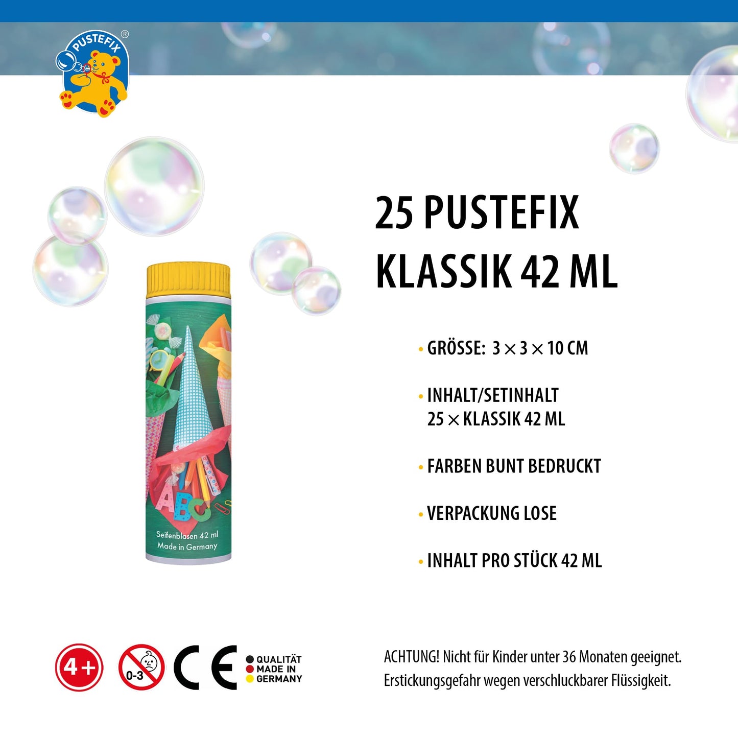 PUSTEFIX Bubble Set I 25 x Classic 42ml Cone I Colorful Heart Bubbles Made in Germany I Bubbles for wedding, kids' birthday, civil ceremony, bachelor party I 25 x 42 ml Value Pack