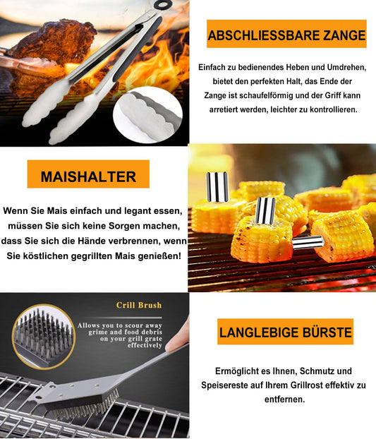 BBQ Grill Tool Set, Men's Grill Accessories Gift, Stainless Steel Grill Case Set of 20, Grill Accessories with tongs, spatula, and apron, Ideal BBQ Set for Outdoor and Camping.