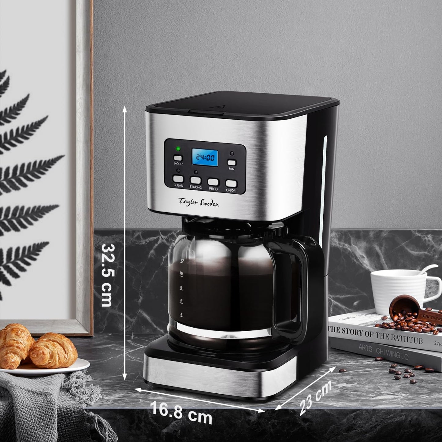 Taylor Swoden Darcy - 950W Coffee Maker with Timer, 1.5L Drip Coffee Maker 12 Cups, Auto Shut Off, Drip Stop, Reusable Filter and Heating Plate, BPA Free, Black, 2 Pieces