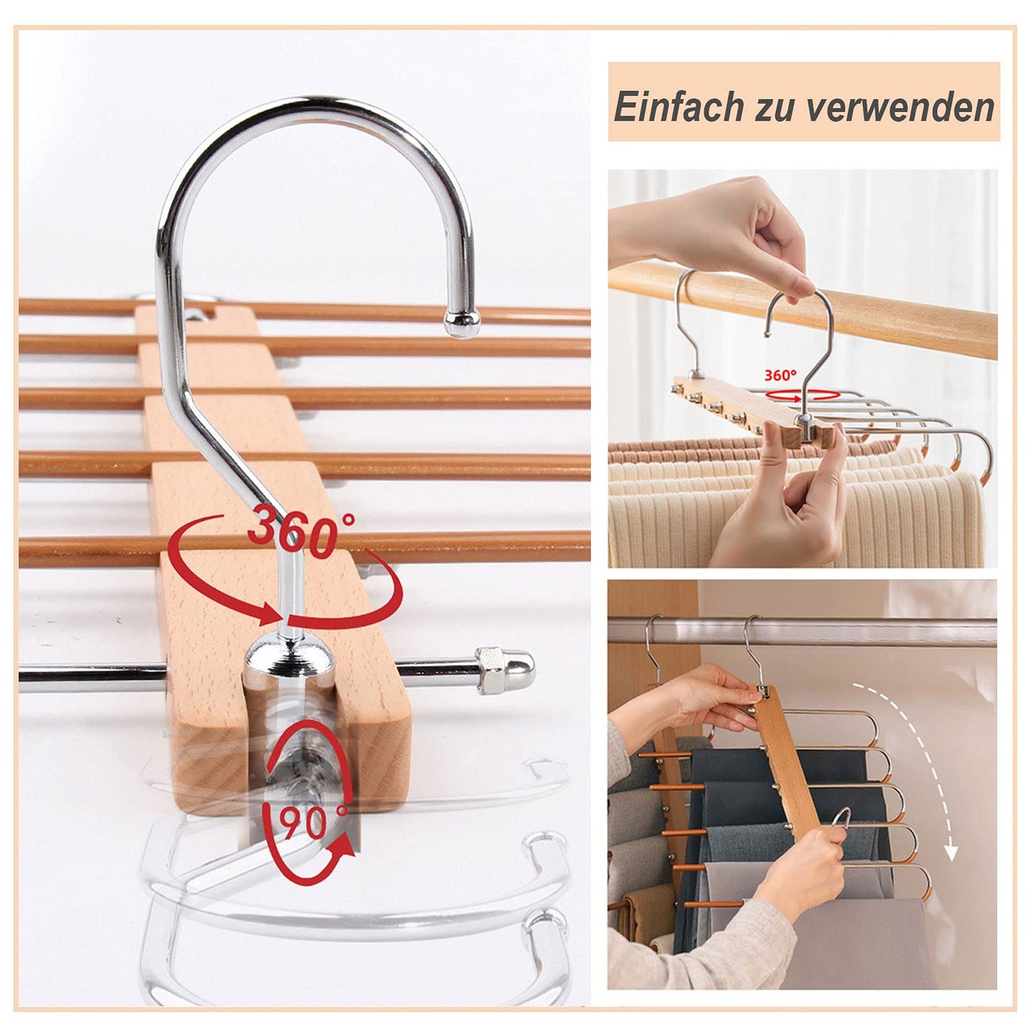 2-piece pants hanger set, space-saving stainless steel pants rack, extendable non-slip wooden hangers for scarves, jeans, and pants.