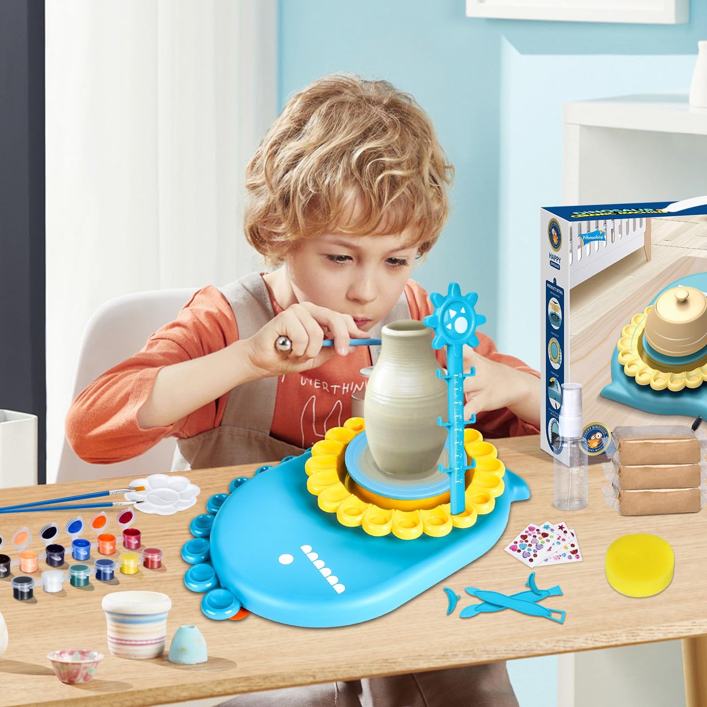 IEEILULU pottery set for kids, electric pottery wheel for kids, mini pottery wheel with clay, colors, diamond stickers, pottery set DIY pottery craft kit gifts for girls (dinosaur)
