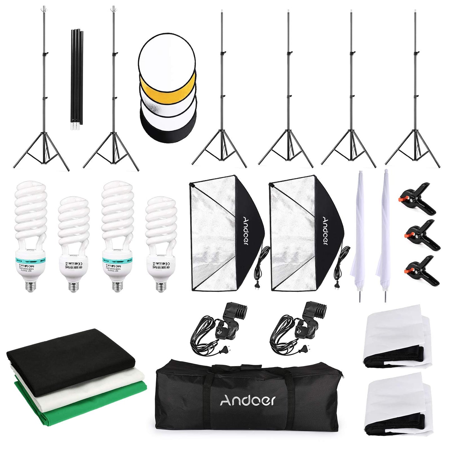 Andoer Photo Studio Kit, 1.8M x 2.7M Background Support System (Green Black White) with Softbox, Continuous Light, White Soft Light Umbrella, Reflector for Portraits, Product Photography, and Video Recording