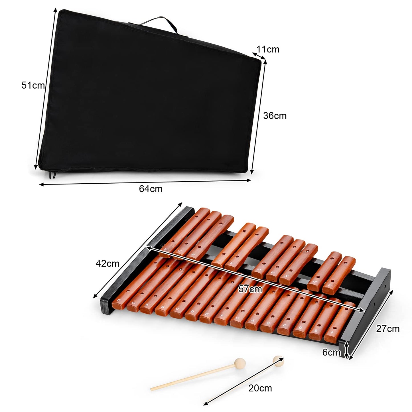 COSTWAY 25 Note Xylophone Glockenspiel, wooden musical instrument, comes with 2 mallets & carrying bag. Suitable for both kids and adults, in brown and black.