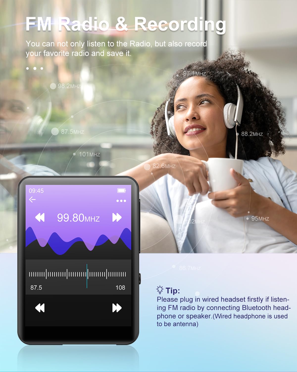 64GB MP3 player Bluetooth 5.3, HiFi lossless sound music player with speaker, voice recorder, FM radio, 2.4 inch full touch screen metal body MP3, supports up to 128GB.