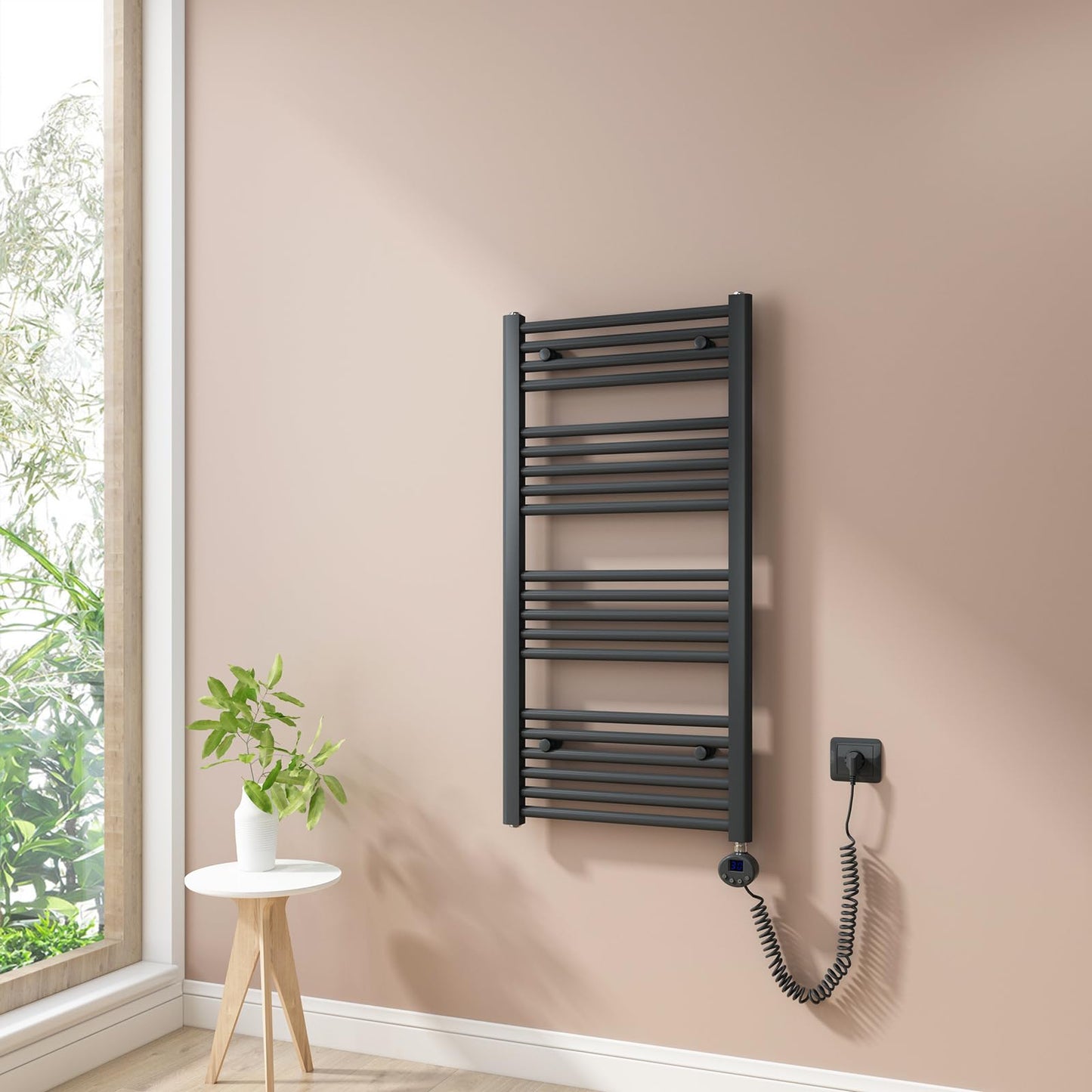 Heilmetz electric towel warmer 100x50cm with digital thermostat and timer function. Straight towel dryer in anthracite 500W.