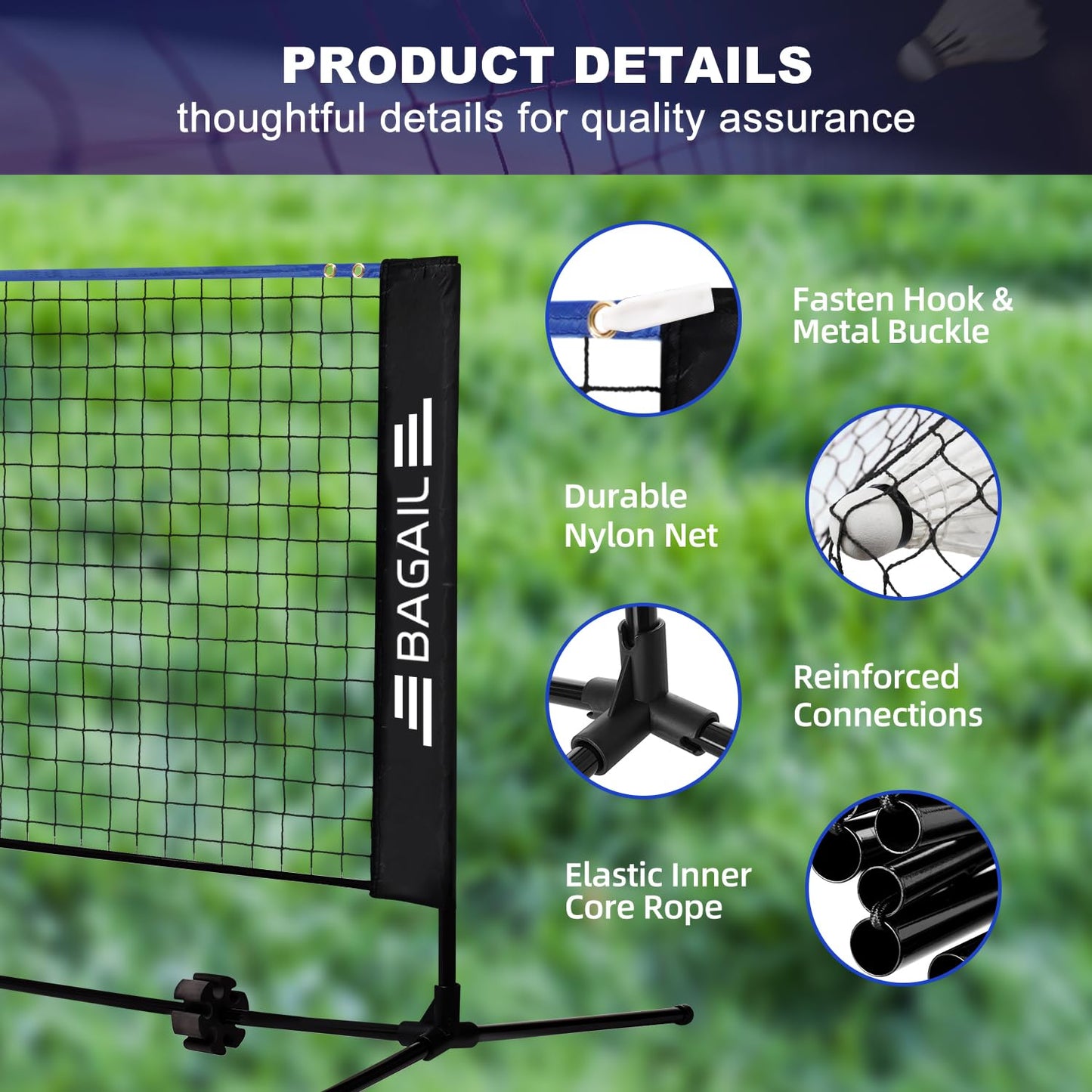BAGAIL badminton net, foldable nylon net, adjustable stand and carrying bag, easy to set up and take down, ideal sports net for tennis, badminton, or volleyball.