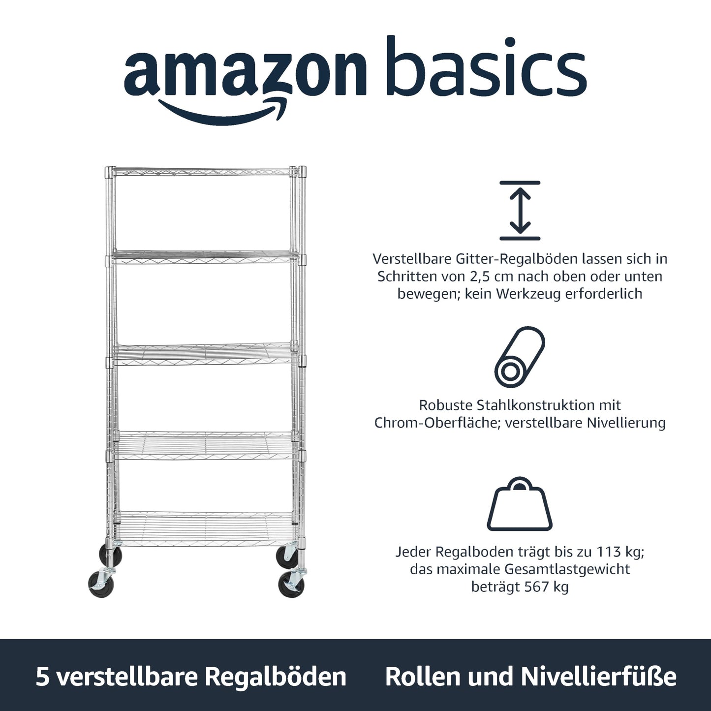 Amazon Basics 5-Shelf Storage Unit, Medium on 4-inch casters with adjustable shelves and leveling feet, max. 1,500 lbs, Chrome, 14 x 30 x 65 inches (D x W x H)