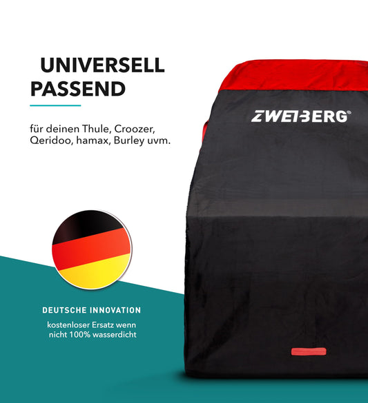 ZWEIBERG® Folding cover for bike trailers. Universal, sturdy, and waterproof cover. Protects against rain and UV rays. EasyRemoval feature.