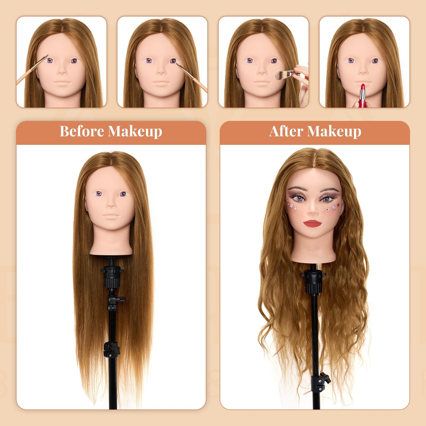 Neverland Beauty 71 cm training head with 60% real hair, barber mannequin head, cosmetology doll head with table clamp and hairdressing tool set, straight, human hair, sew-in gold.