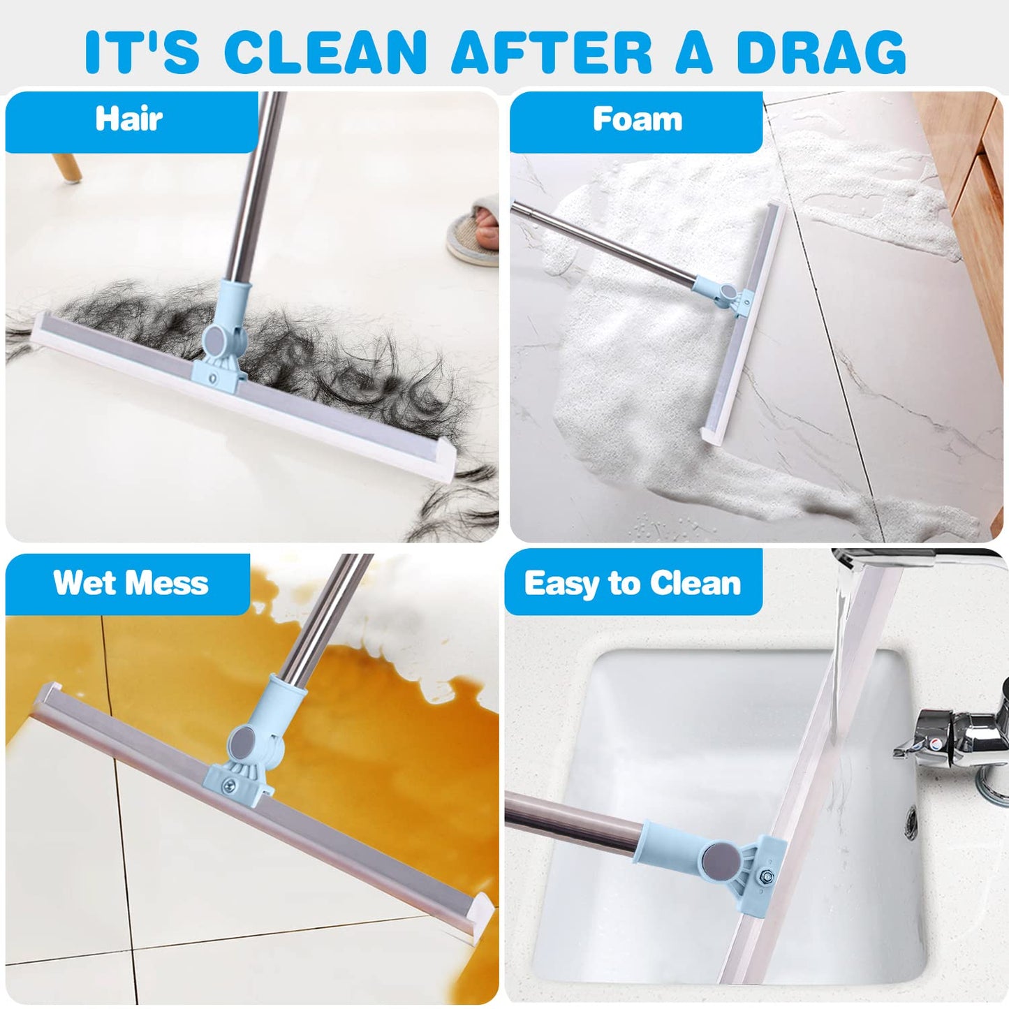 Wiseten water squeegee floor wiper - squeegee floor shower with extra durable 50cm rubber blade, telescopic handle 130cm water squeegee window squeegee for wood, glass, concrete, tile shower